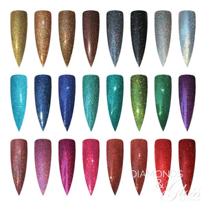 24x Holographic Glitter 004 Collection Red, Orange, Yellow, Blue, Gold, Black, Green, Purple, Silver, Pink Diamonds & Gloss Australia Holographic Glitter For Acrylic, Gel, Polygel Nails and Nail Art