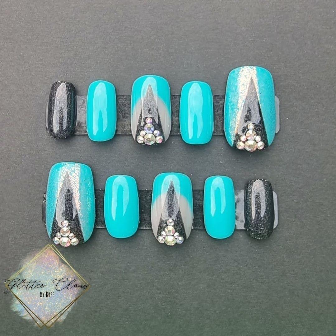 Azure Teal Turquoise HEMA Free Gel Nail Polish Diamonds & Gloss Australia Painted on Gel , Polygel and Acrylic Nails with Nail Art. Vegan , Cruelty Free