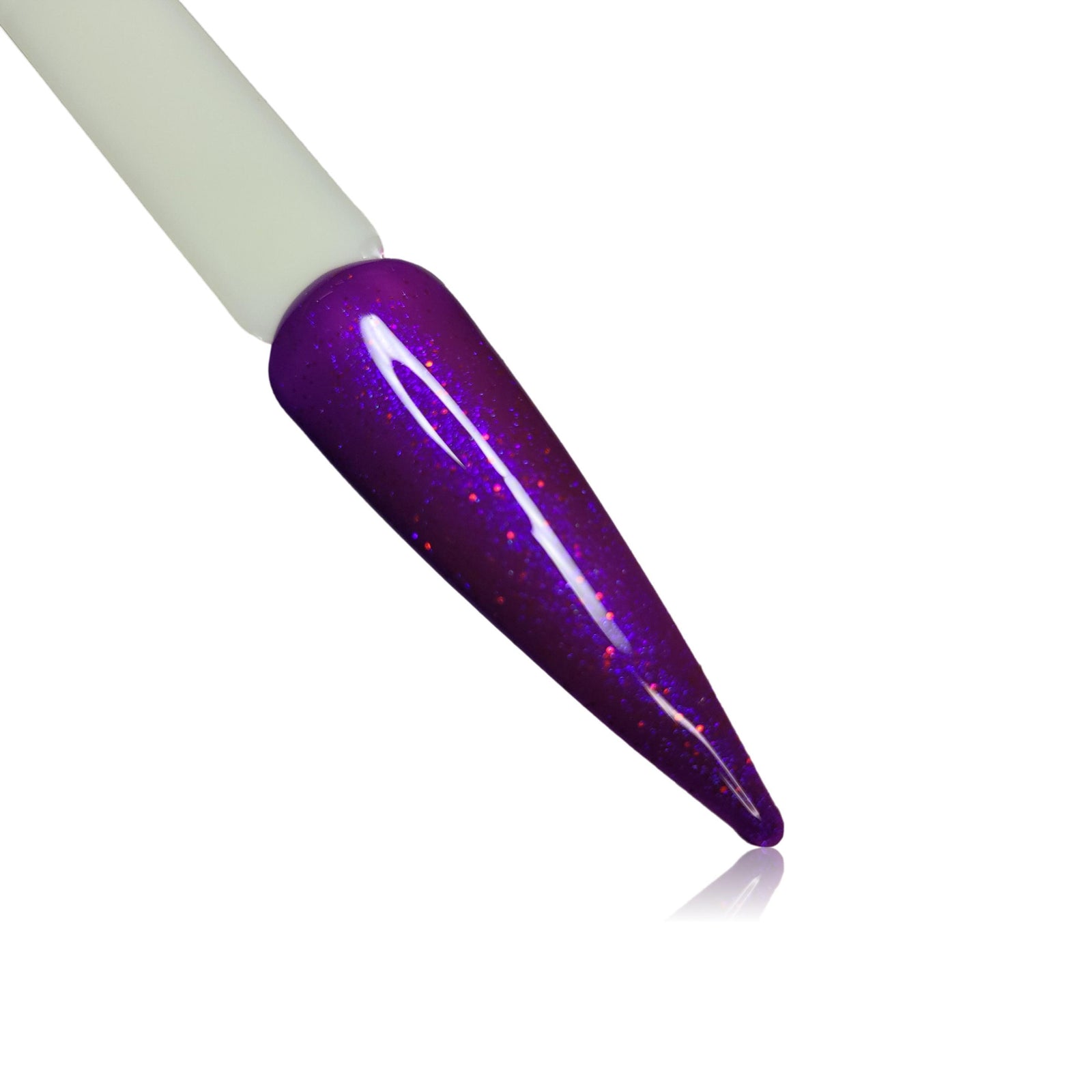 Electrify Purple Shimmer with Red Glitter HEMA Free Gel Polish on Nail Swatch Stick