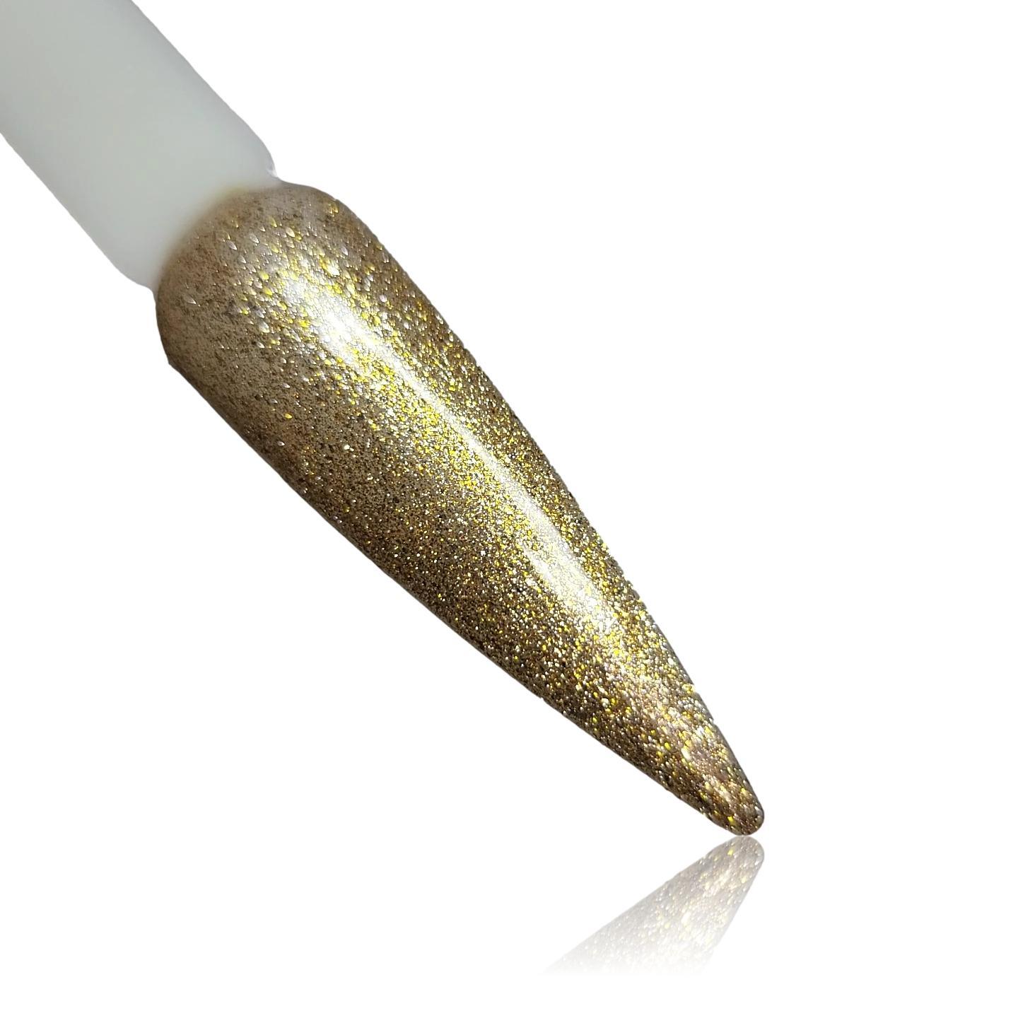 Enchanted Gold Shimmer HEMA Free Gel Polish on Nail Swatch Stick