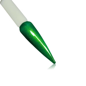Happy Holidays Green Shimmer HEMA Free Gel Polish on Nail Swatch Stick