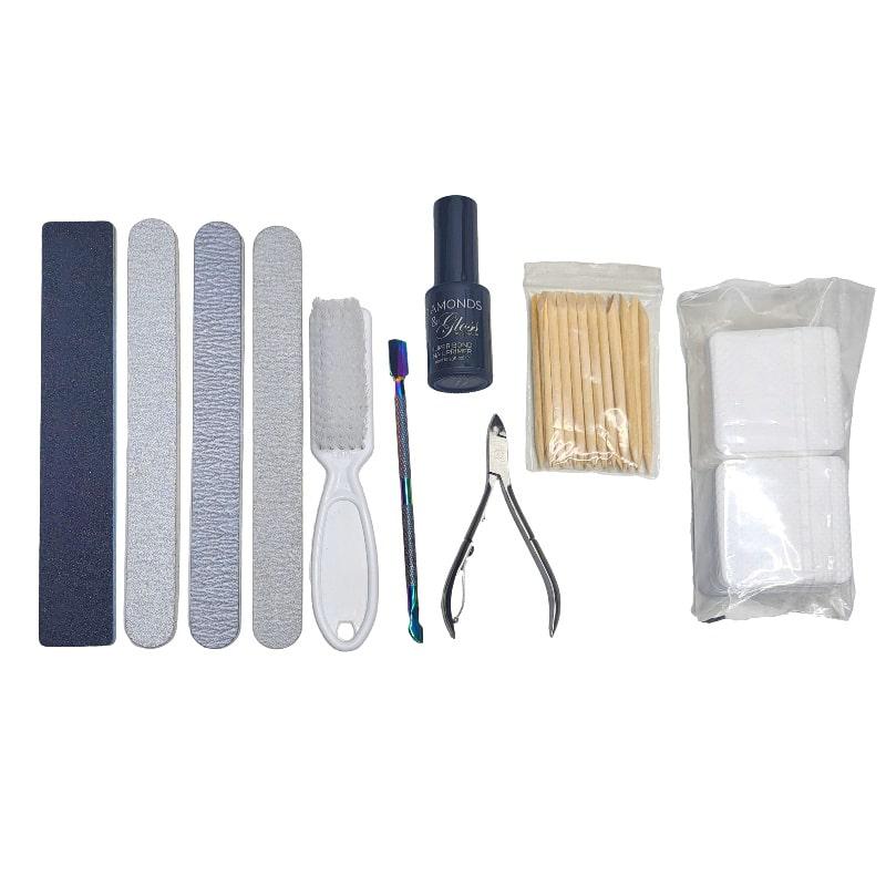 Nail Prep Starter Pack with nail files, manicure dust brush, lint free wipes, primer cuticle pusher