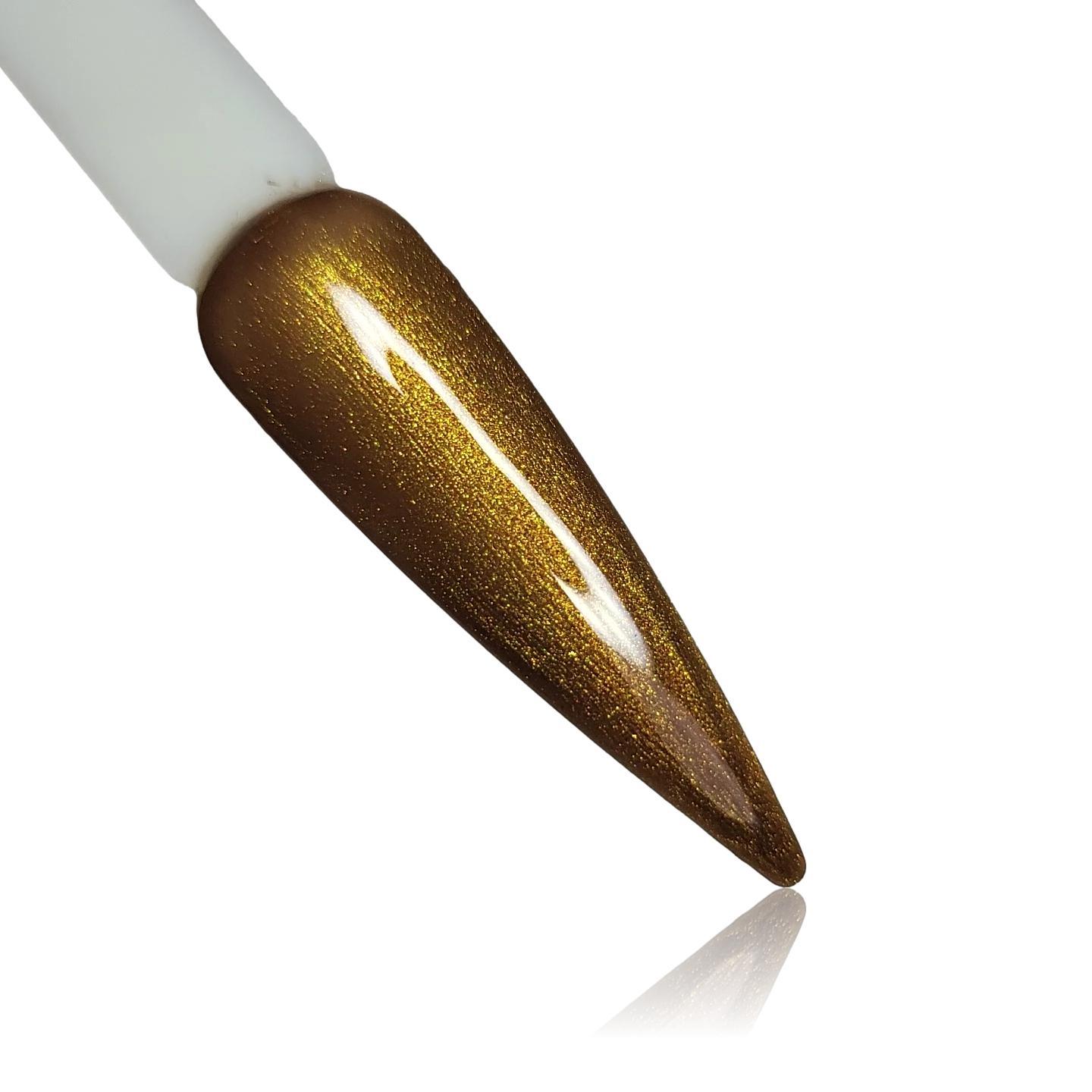Sphynx Glossy gold shimmer HEMA Free Gel Polish on Nail Swatch Stick