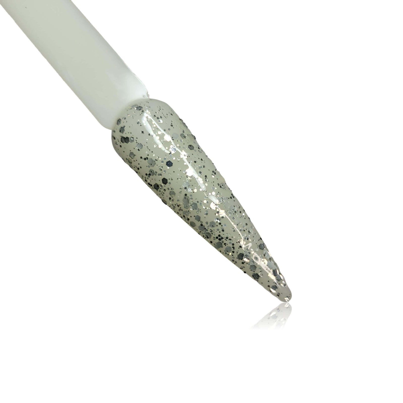Starry Night Silver Glitter HEMA Free Gel Polish on Nail Swatch Stick