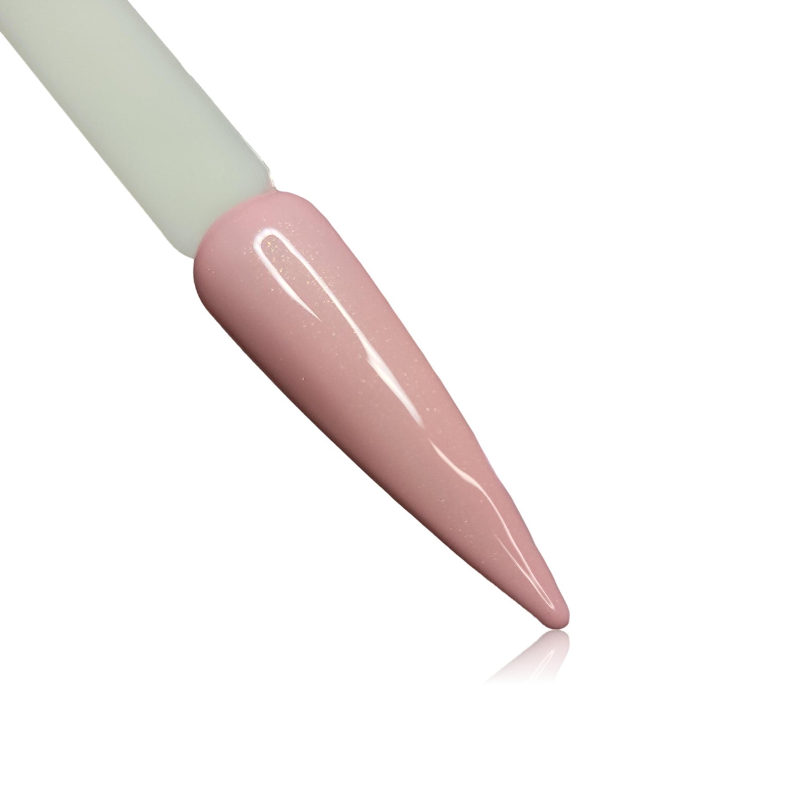 Strawberry Smoothie Light Pink Shimmer HEMA Free Gel Polish on Nail Swatch Stick