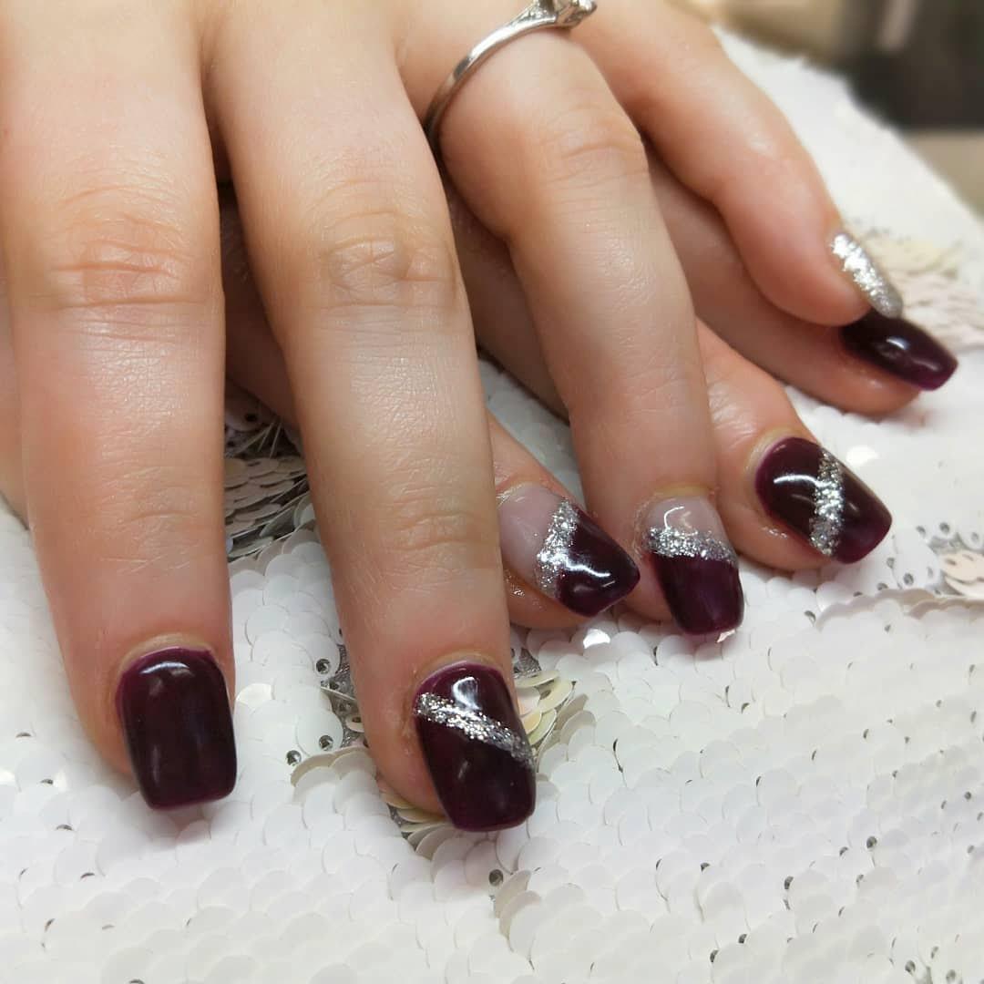 Wine Dark Purple HEMA Free Gel Nail Polish Diamonds & Gloss Australia Painted on Gel , Polygel and Acrylic Nails with Nail Art. Vegan, Cruelty Free