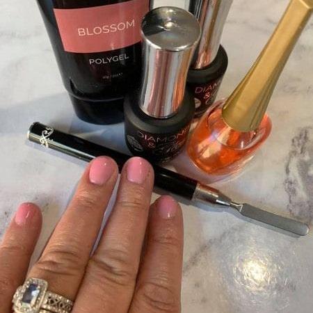 Blossom Peach Nude Polygel on short natural nails. HEMA Free Gel Polygel Diamonds & Gloss Australia Vegan, Cruelty Free