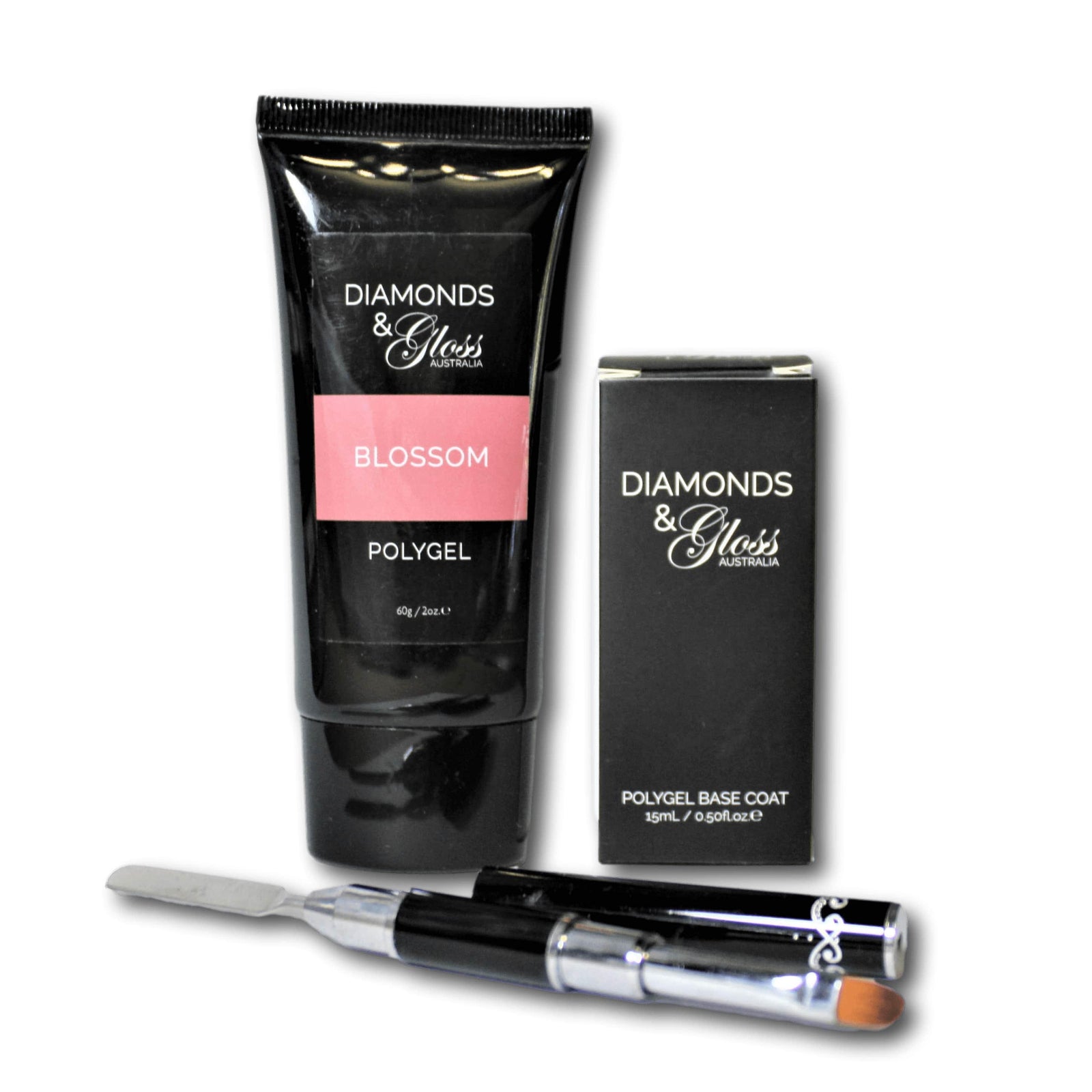 Blossom Dark Nude Pink Polygel Kit Polygel Base Coat & Brush Spatula Tool HEMA Free Diamonds & Gloss Australia Vegan, Cruelty Free-min