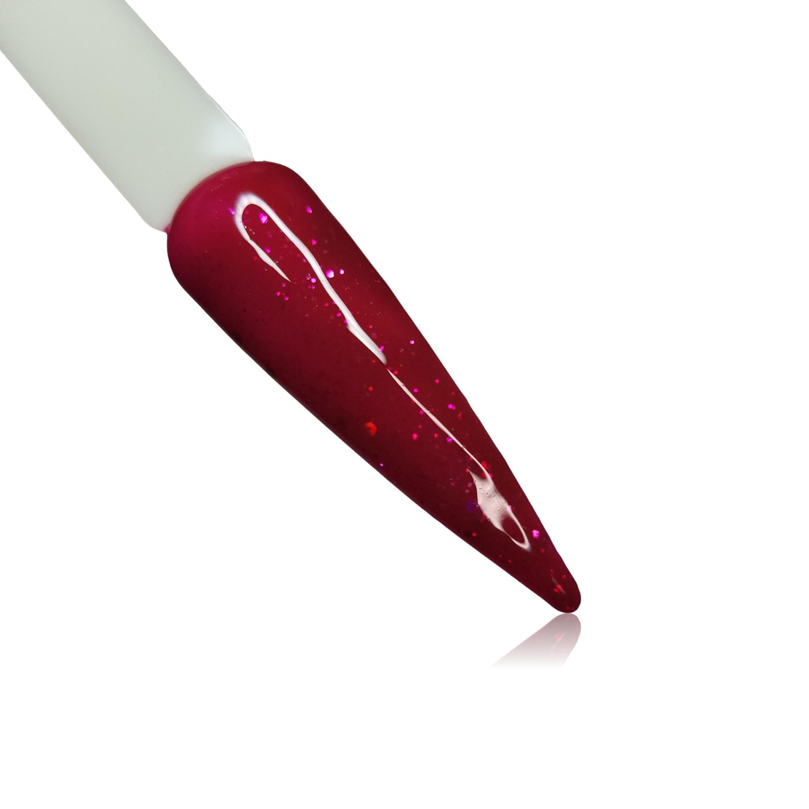 Call Me Red Holographic Glitter  HEMA Free Gel Polish on Nail Swatch Stick