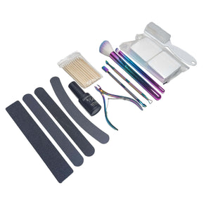 ail Prep Starter Pack with nail files, manicure dust brush, lint free wipes, primer cuticle pusher, glitter brushes