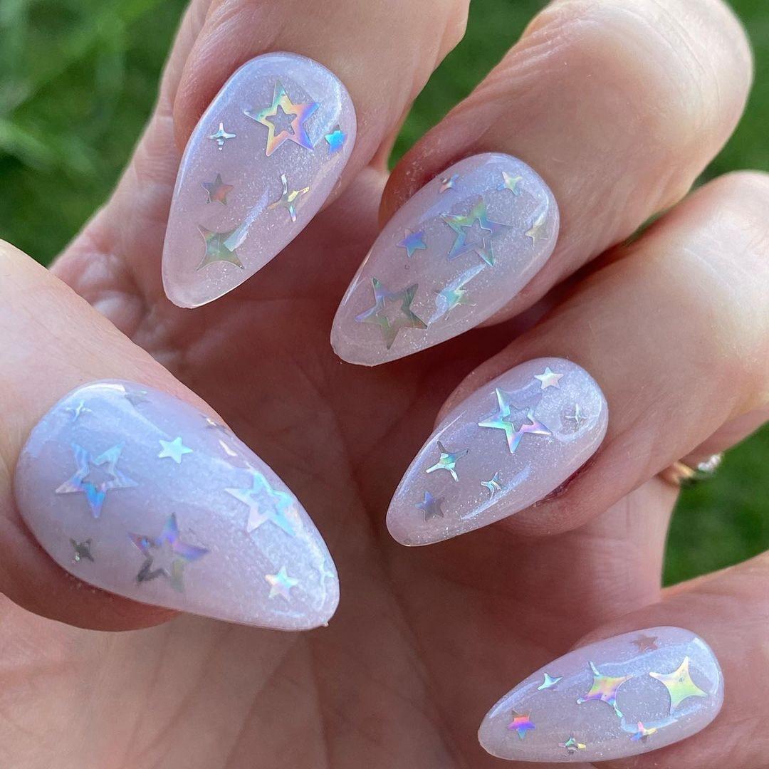 Dainty Light Pink Shimmer HEMA Free Gel Nail Polish Diamonds & Gloss Australia Painted on Gel , Polygel and Acrylic Nails with Nail Art. Vegan , Cruelty Free