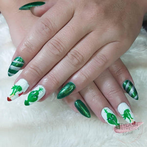 Happy Holidays Green Shimmer HEMA Free Gel Nail Polish Diamonds & Gloss Australia Painted on Gel , Polygel and Acrylic Nails with Nail Art. Vegan , Cruelty Free