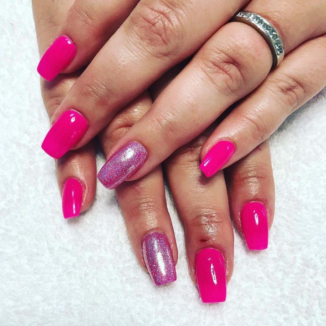 Hot Pink Neon HEMA Free Gel Nail Polish Diamonds & Gloss Australia Painted on Gel , Polygel and Acrylic Nails with Nail Art. Vegan , Cruelty Free