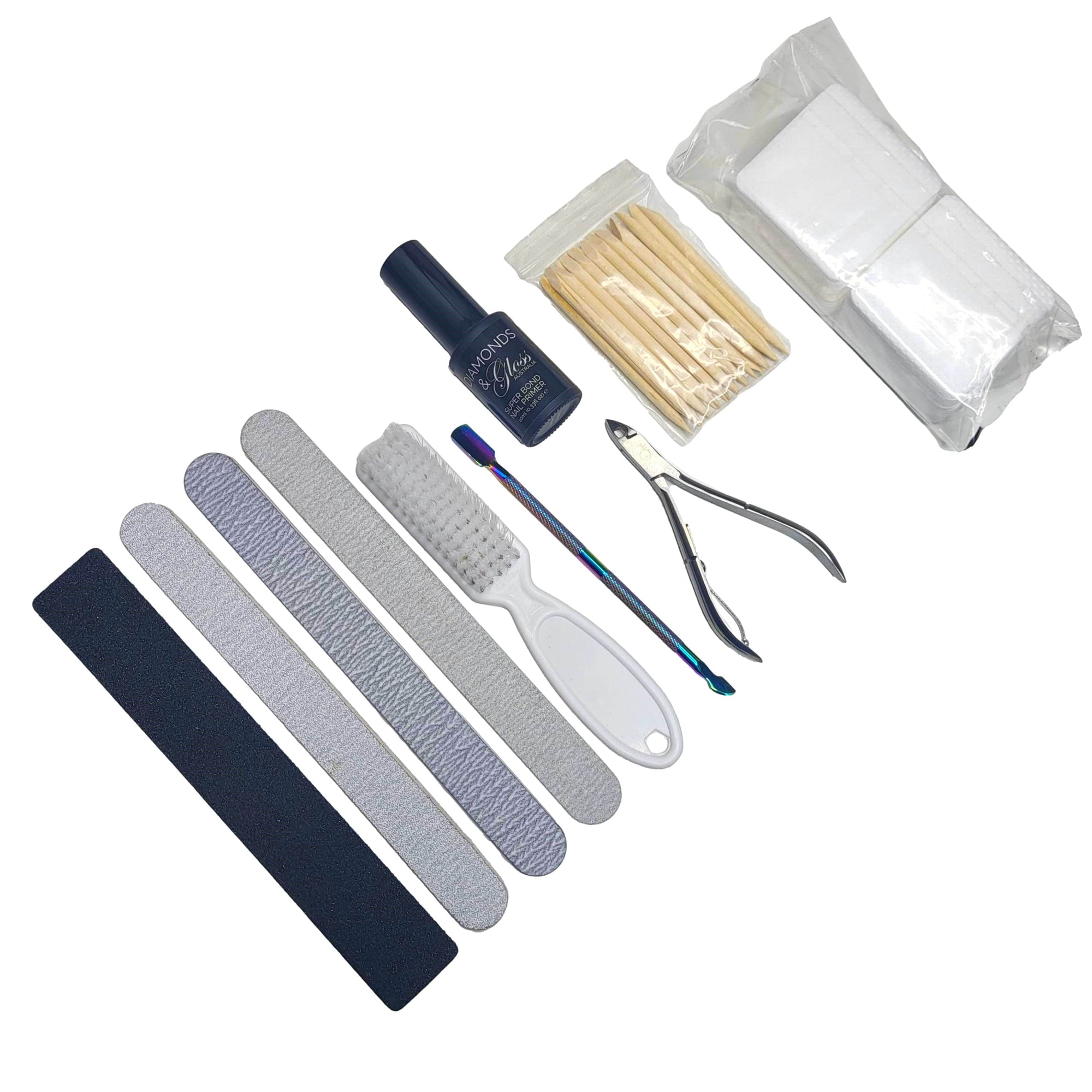 Nail Prep Starter Pack with nail files, manicure dust brush, lint free wipes, primer cuticle pusher