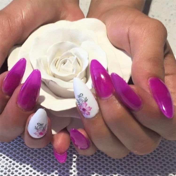 Orchid Neon Purple HEMA Free Gel Nail Polish Diamonds & Gloss Australia Painted on Gel , Polygel and Acrylic Nails with Nail Art. Vegan, Cruelty Free
