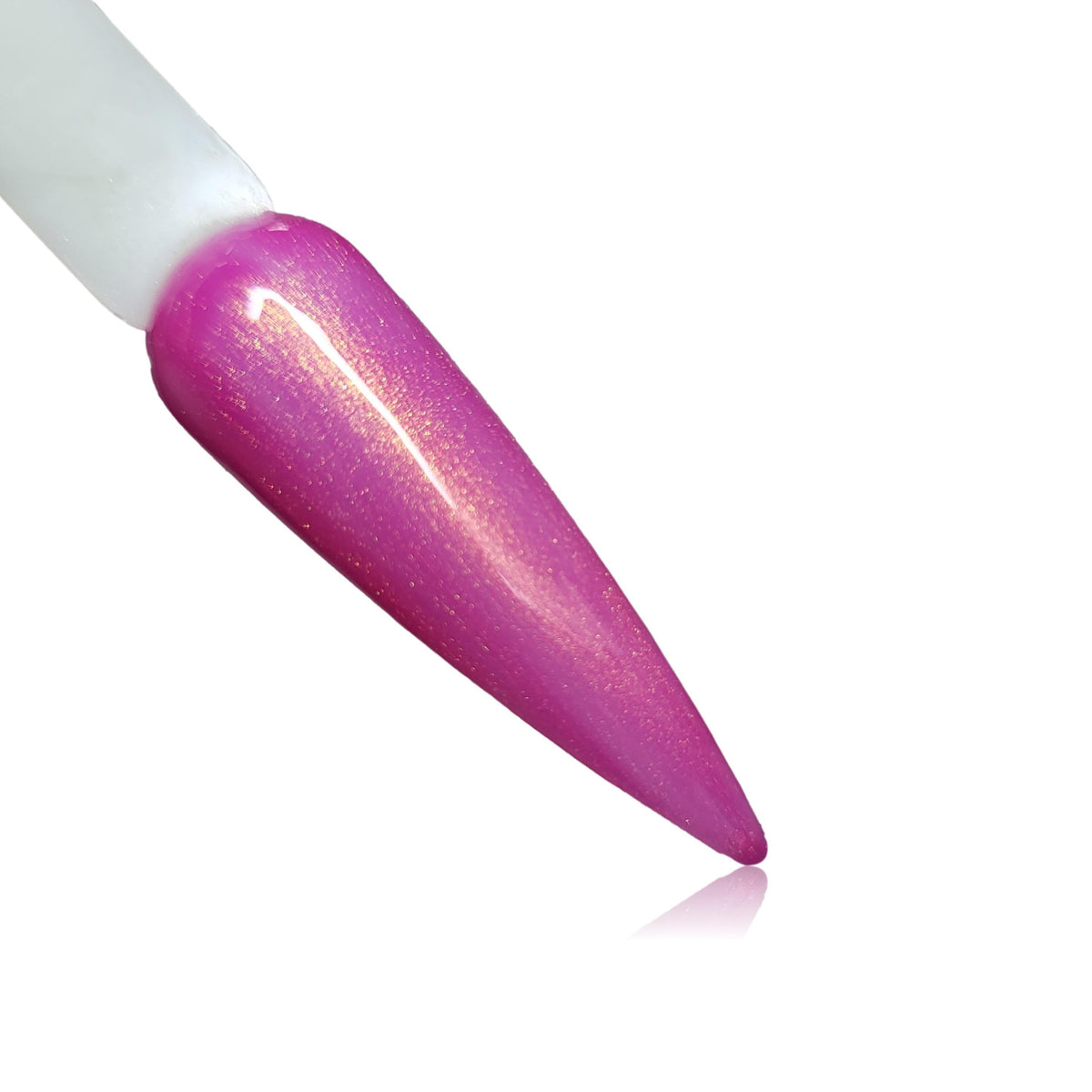 Pink Champagne Pink With gold Shimmer HEMA Free Gel Polish on Nail Swatch Stick