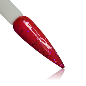 Redlicious Red Glitter HEMA Free Gel Polish on Nail Swatch Stick