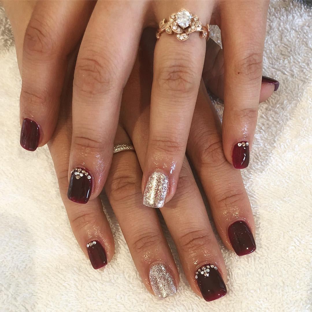 Sangria Maroon HEMA Free Gel Nail Polish Diamonds & Gloss Australia Painted on Gel , Polygel and Acrylic Nails with Nail Art. Vegan , Cruelty Free