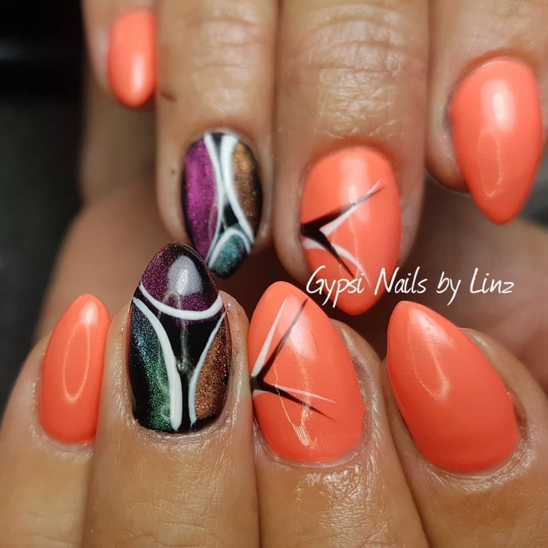 Tropics Neon Orange HEMA Free Gel Nail Polish Diamonds & Gloss Australia Painted on Gel , Polygel and Acrylic Nails with Nail Art. Vegan , Cruelty Free